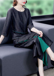 Women Black Asymmetrical Patchwork Wrinkled Silk Two Piece Suit Set Summer