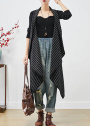 Women Black Asymmetrical Striped Cotton Long Vest Fall