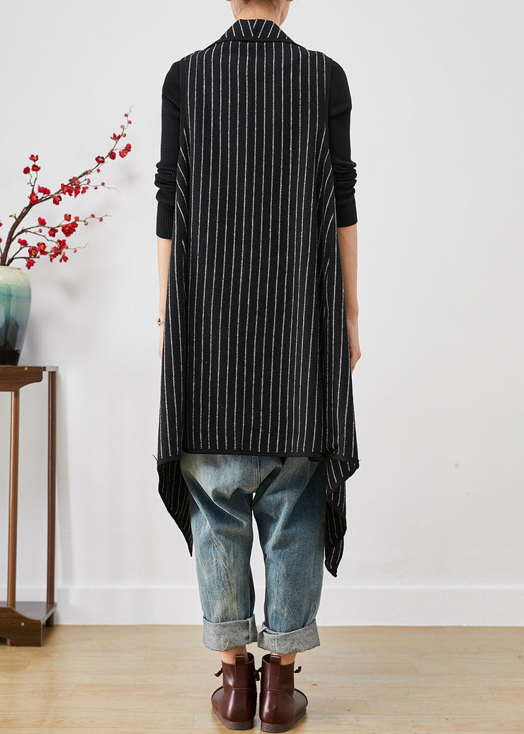 Women Black Asymmetrical Striped Cotton Long Vest Fall