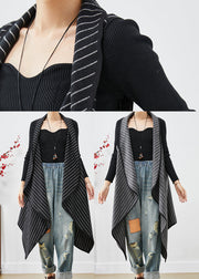 Women Black Asymmetrical Striped Cotton Long Vest Fall