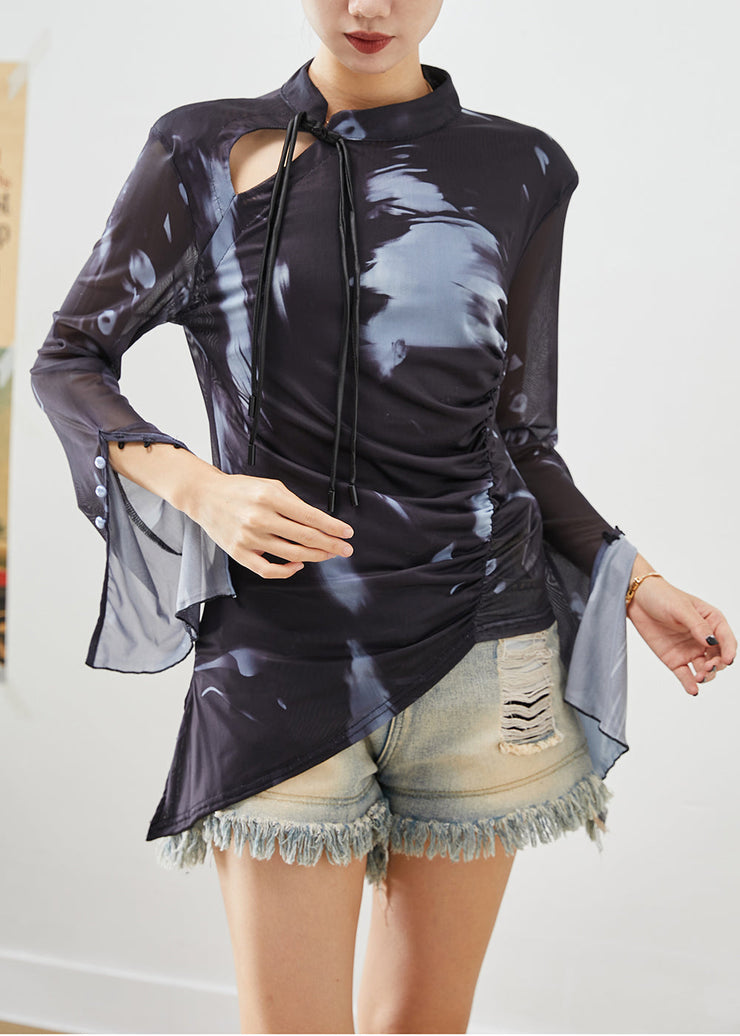 Women Black Asymmetrical Tie Dye Spandex Blouse Tops Flare Sleeve