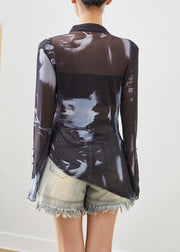 Women Black Asymmetrical Tie Dye Spandex Blouse Tops Flare Sleeve