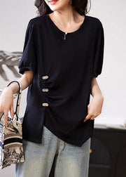 Women Black Asymmetrical Wrinkled Patchwork Cotton T Shirt Summer