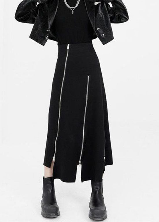 Women Black Asymmetrical Zippered Cotton Skirts Summer