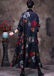 Women Black Bow Collar Floral Print Loose Long Cardigans Long Sleeve