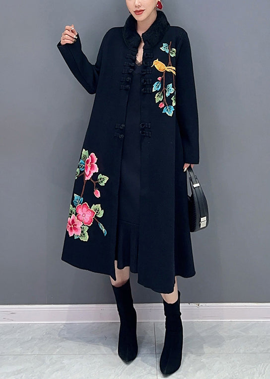 Women Black Button Print Patchwork Cotton Knit Coats Long Sleeve