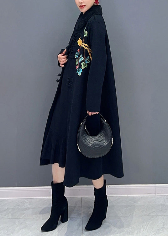 Women Black Button Print Patchwork Cotton Knit Coats Long Sleeve