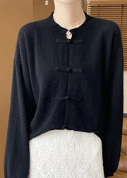 Women Black Button Solid Woolen Knit Coats Fall