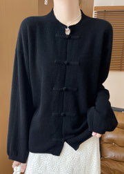 Women Black Button Solid Woolen Knit Coats Fall