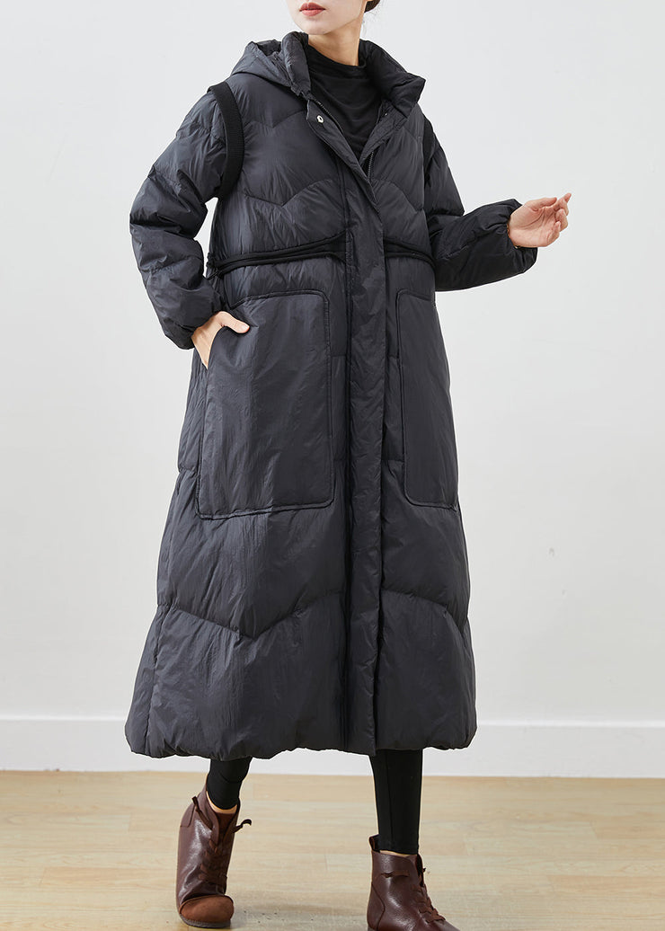 Women Black Cinched Big Pockets Duck Down Down Coat Winter