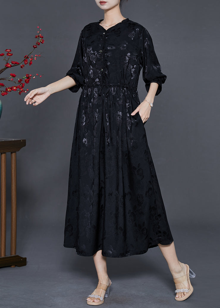 Women Black Cinched Print Exra Large Hem Silk Dress Fall