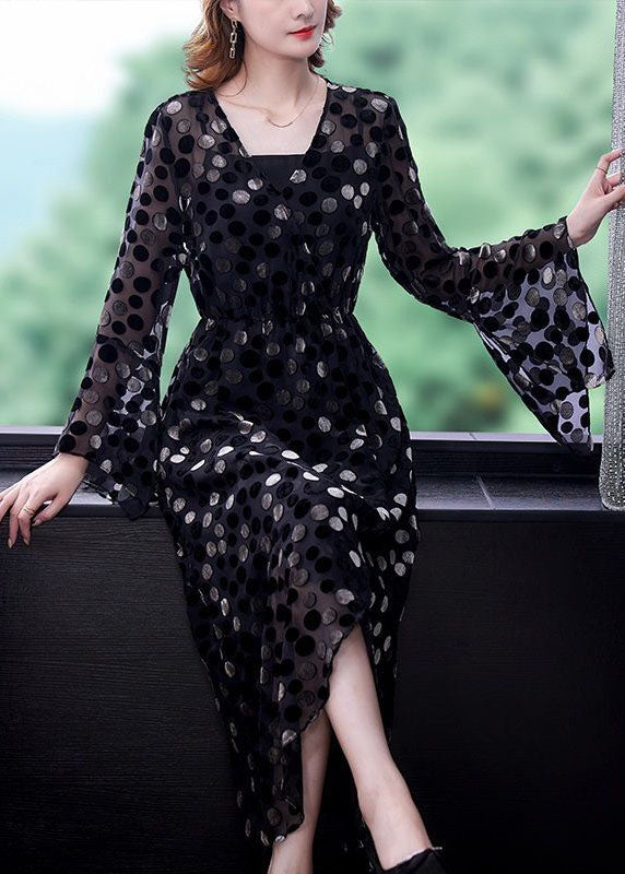 Women Black Cinched Side Open Dot Silk Velour Maxi Dress Flare Sleeve