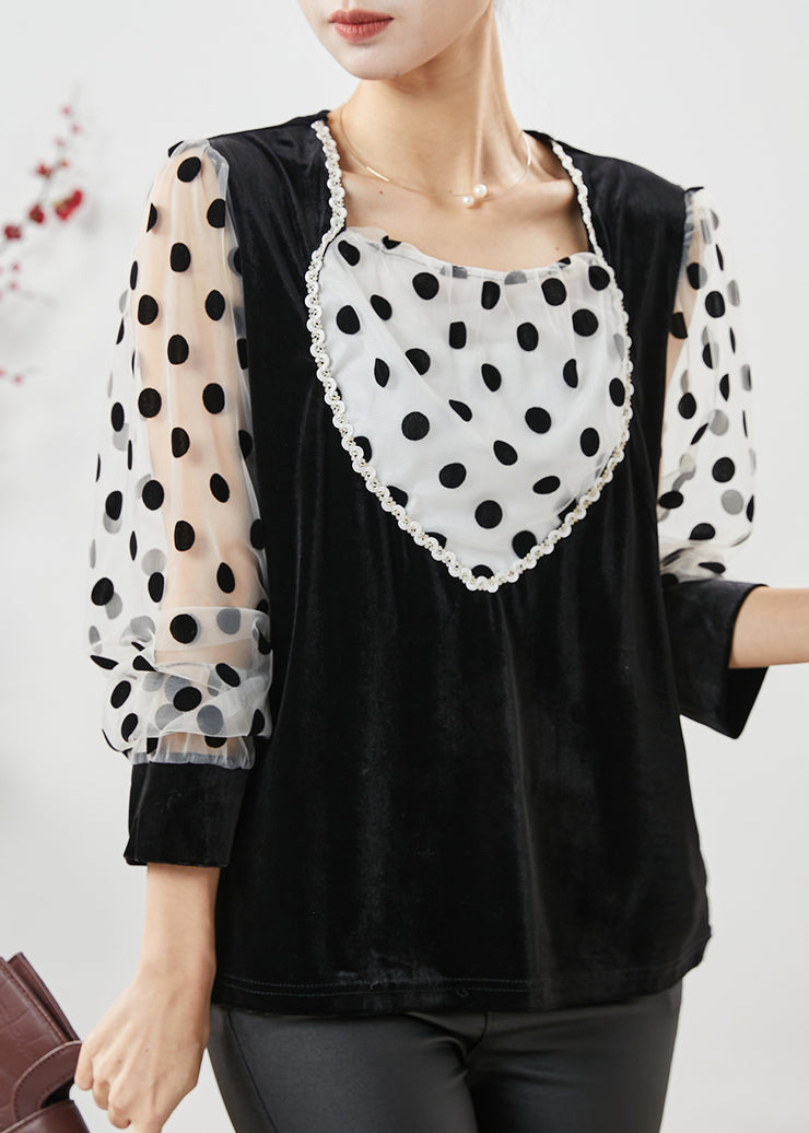 Women Black Dot Patchwork Velour Fake Two Piece Shirts Spring