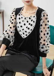 Women Black Dot Patchwork Velour Fake Two Piece Shirts Spring