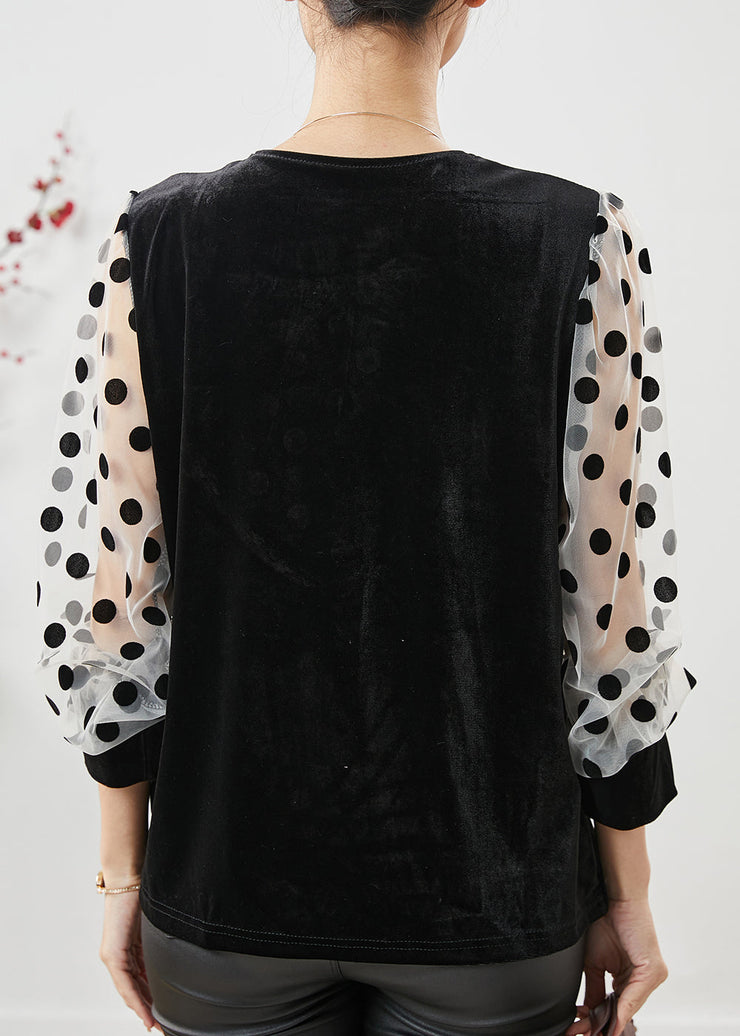 Women Black Dot Patchwork Velour Fake Two Piece Shirts Spring