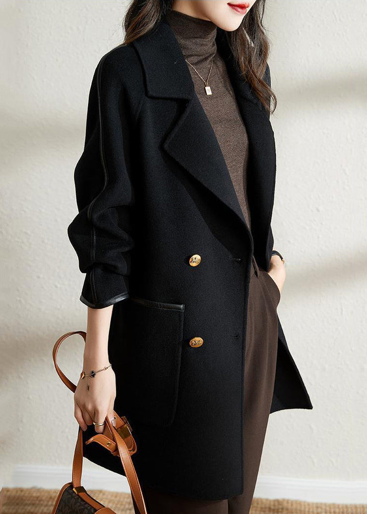 Women Black Double Breast Patchwork Woolen Coat Outwear Fall