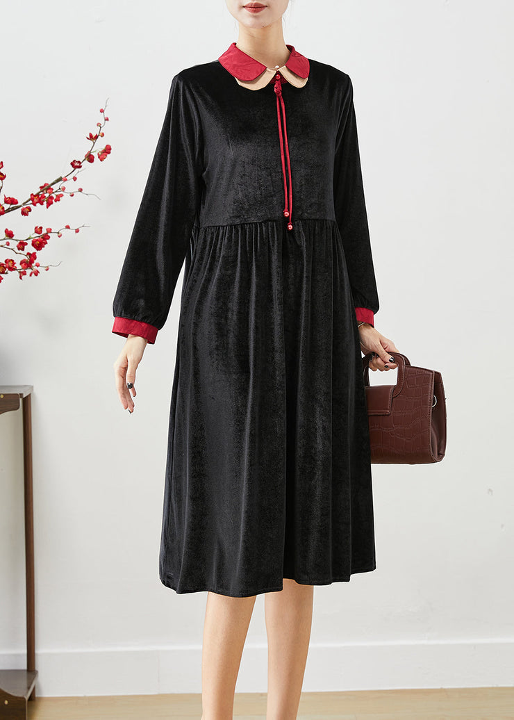 Women Black Double-layer Tasseled Silk Velour Dress Fall