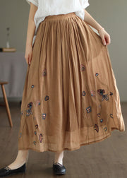 Women Black Elastic Waist Embroideried Linen Silk Skirt Spring