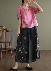 Women Black Elastic Waist Embroideried Linen Silk Skirt Spring