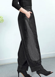 Women Black Elastic Waist Pockets Patchwork Cotton Pants Trousers Fall