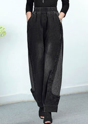 Women Black Elastic Waist Pockets Patchwork Cotton Pants Trousers Fall