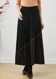 Women Black Elastic Waist Print Woolen Pleated Skirt Fall