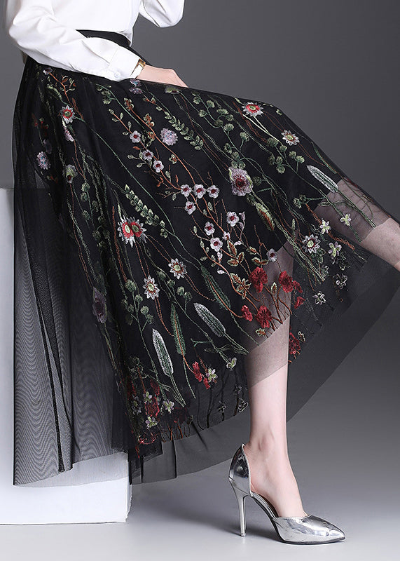 Women Black Embroidered Elastic Waist Tulle Skirt Summer