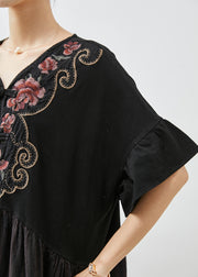 Women Black Embroidered Patchwork Cotton Long Dress Summer