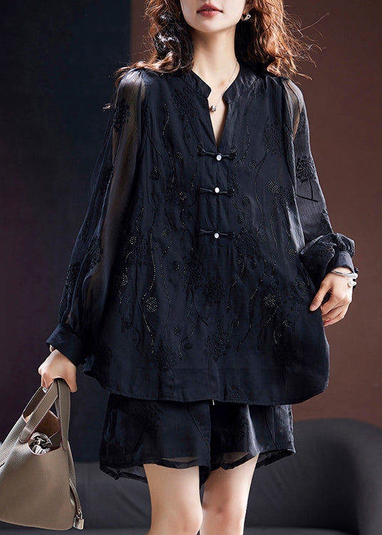 Women Black Embroidered Tops And Shorts Chiffon Two Pieces Set Summer