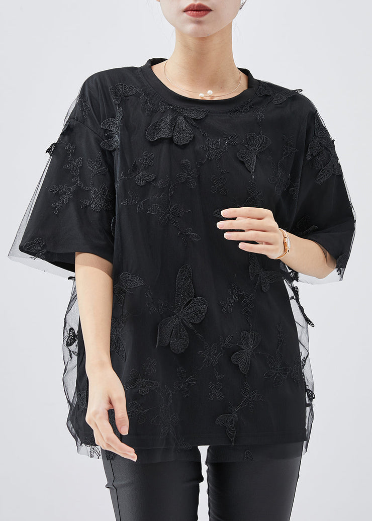 Women Black Embroideried Butterfly Tulle Tops Summer