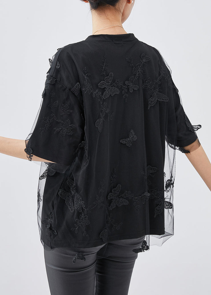 Women Black Embroideried Butterfly Tulle Tops Summer