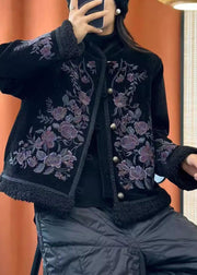 Women Black Embroideried Button Cotton Filled Coats Long Sleeve