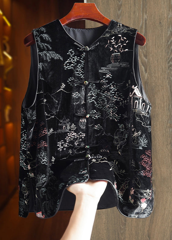 Women Black Embroidered Button Patchwork Silk Velour Waistcoat Fall