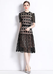 Women Black Embroideried Hollow Out Patchwork Lace Dress Summer