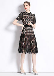 Women Black Embroideried Hollow Out Patchwork Lace Dress Summer