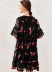 Women Black Embroideried Patchwork Lace Mid Dress Short Sleeve