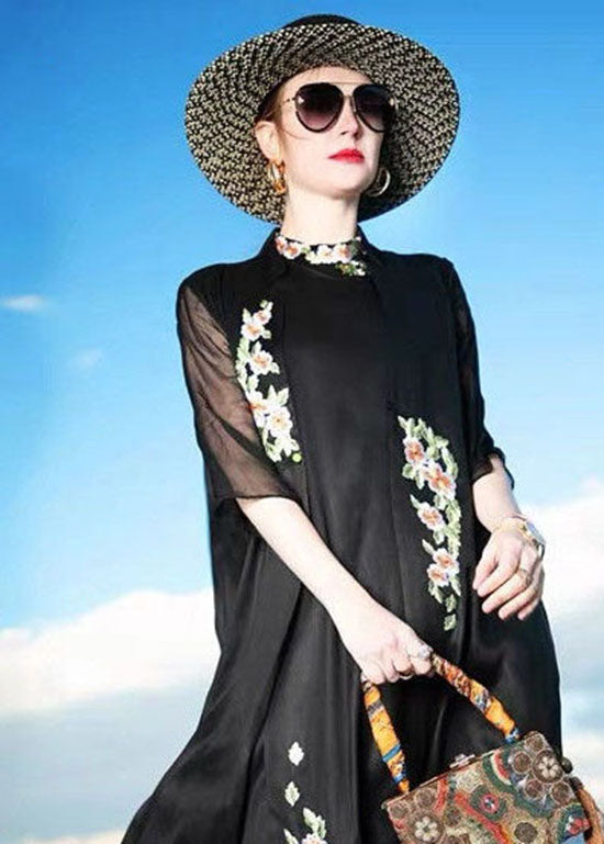 Women Black Embroideried Patchwork Silk Cardigans Summer