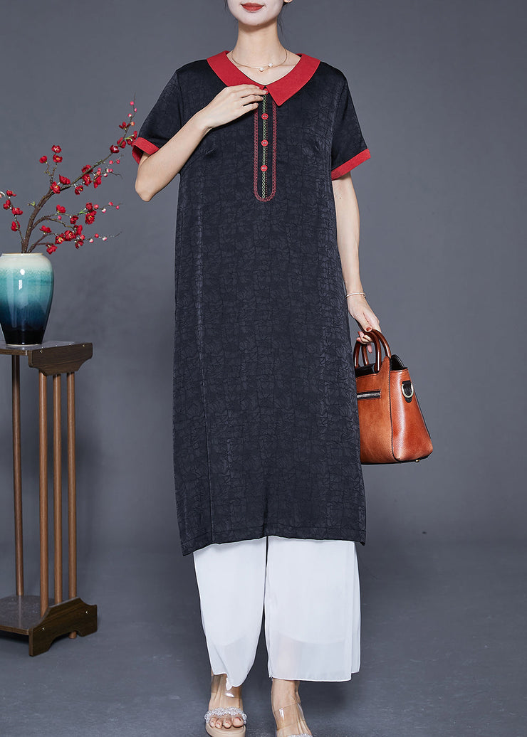 Women Black Embroideried Patchwork Silk Dress Summer