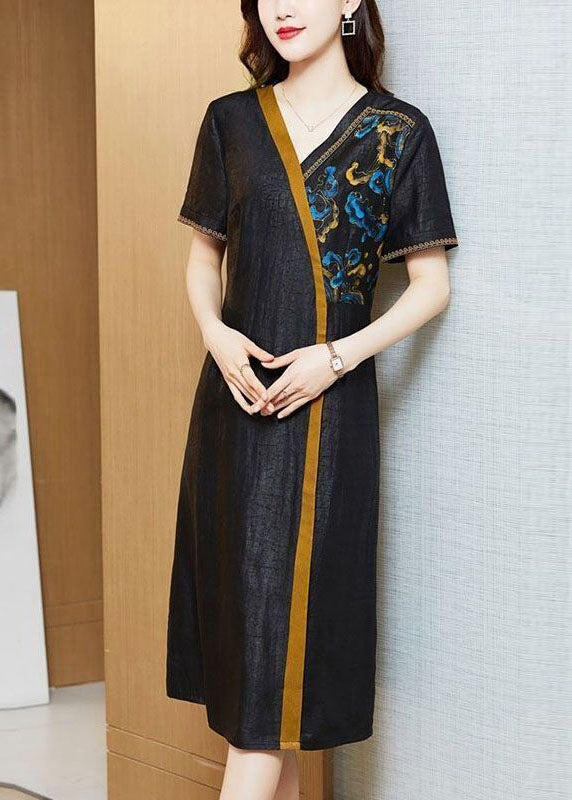 Women Black Embroideried Patchwork Silk Holiday Dress Summer