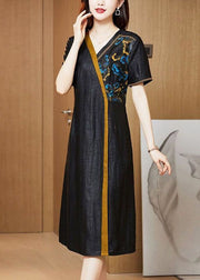 Women Black Embroideried Patchwork Silk Holiday Dress Summer