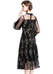 Women Black Embroideried Sequins Patchwork Hollow Out Tulle Dress Fall