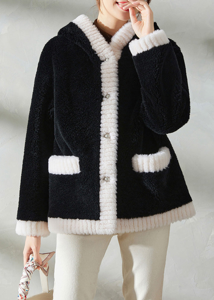 Women Black Faux Fur Thick Button Hooded Coats Winter