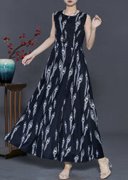 Women Black Feather Print Chiffon Holiday Dress Summer