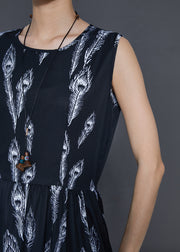 Women Black Feather Print Chiffon Holiday Dress Summer