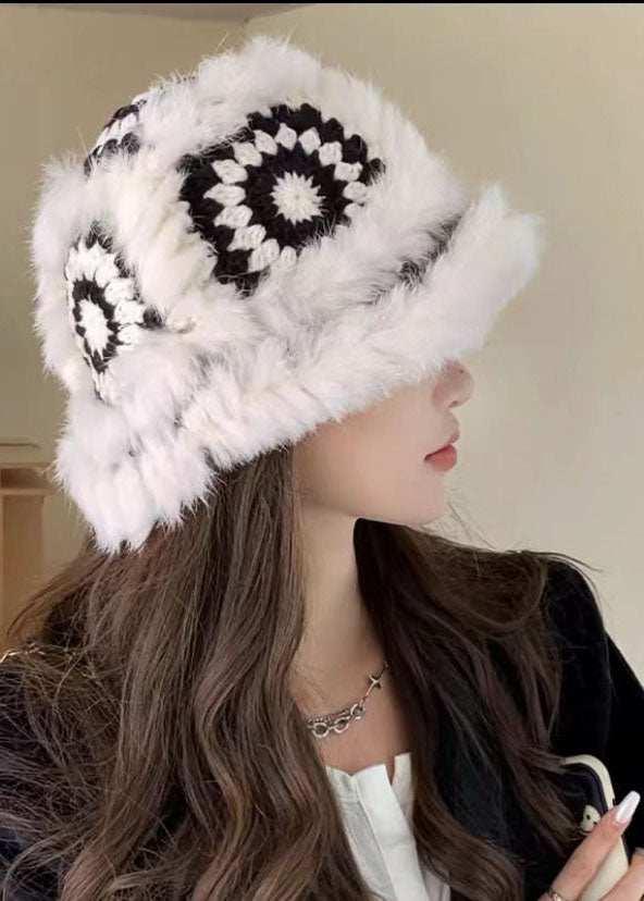 Women Black Fuzzy Fur Fluffy Knitted Tiger Head Cotton Bucket Hat