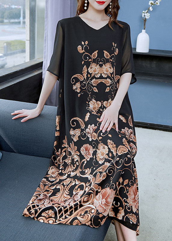 Women Black Gold V Neck Print Patchwork Chiffon Dress Summer