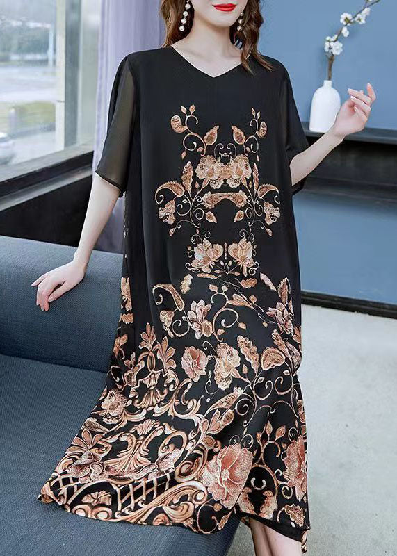 Women Black Gold V Neck Print Patchwork Chiffon Dress Summer