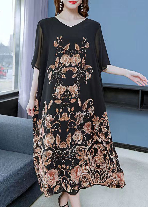 Women Black Gold V Neck Print Patchwork Chiffon Dress Summer