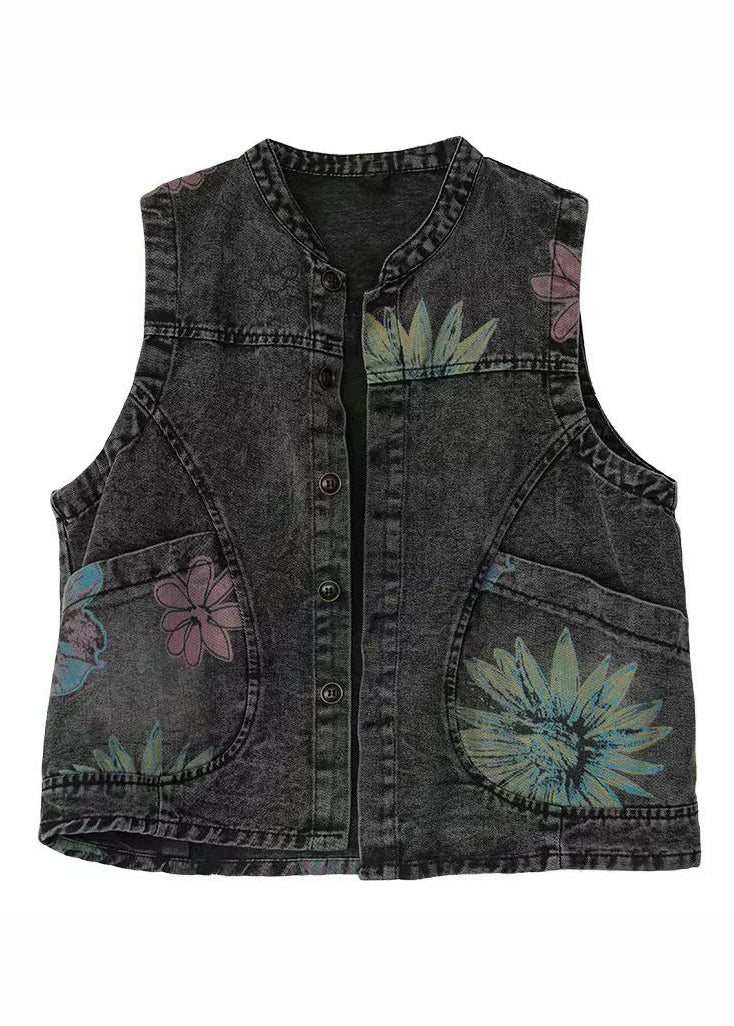 Women Black Grey Neck Print Denim Waistcoat Fall