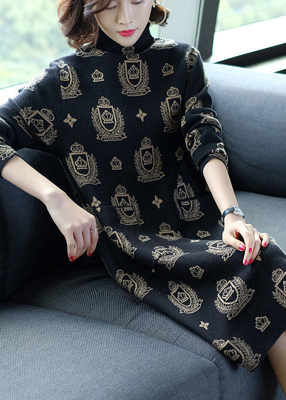 Women Black High Neck Print Pockets Knit Sweater Dress Long Sleeve